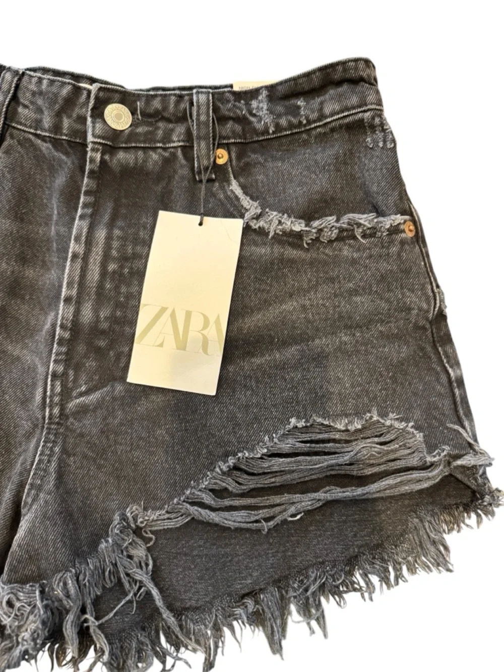 Zara Black Distressed Frayed Hem‎ Denim Shorts